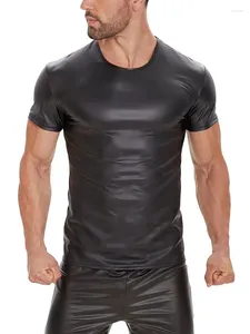 Herr t-skjortor S-5xl kort ärm faux pu läderskjorta män tights bodybuilding muskel tees fitness shapers cosplay clubwear gothic topps