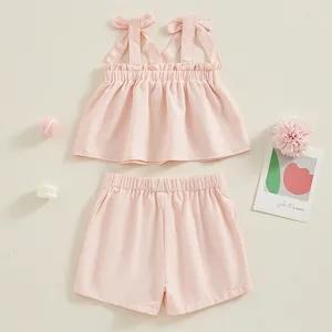 Комплекты одежды из 2 предметов для маленьких девочек, летние короткие укороченные топы без рукавов на бретельках, шорты с рюшами, розовая одежда