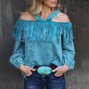 Kvinnors blusar Retro Velvet Fringe Decor Lantern Lång ärm rygglös lös passform Kvinnor Blus Sexig av axelhalter Pullover Top