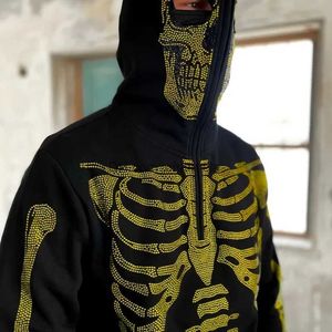 Erkek Hoodies Sweatshirts Gotik Sweatshirt Fermuar Kazak Hoodie Rhinestone Kafatası Grafik Y2K Giysileri Punk Grunge Hiphop Moda Hoodie Büyük Boy Ceket T240217