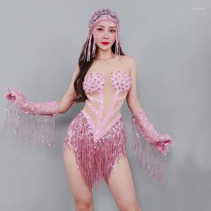 Palco desgaste sexy rosa strass bodysuit franjas headwear pólo dança gogo traje feminino festival roupas dj rave outfit xs6617