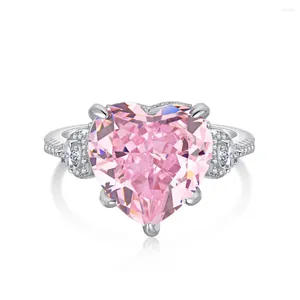 Cluster Rings Karloch S925 Sterling Silver Ring Women's 8A Pink Heart Shaped High Carbon Diamond Radian Cut Brilliant and Dazzling