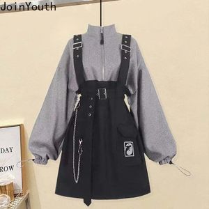 Vestidos De Mujer Fashion Woman Dress Y2K Clothes Strap Belt Chain Loose Casual Sweatshirt Dresses Sets Korean Robe Femme 240202