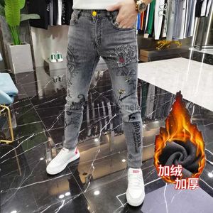 Mäns jeans Ny vår Vinter Högkvalitativ designer Hot Drill Billiga varumärken Mens Pants Luxury Clothing Cowboy Borsted Denim Male Slim Jeans T240217