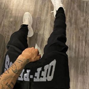 Men Black Ripped Jeans Trend All-match Street Comfortable Trousers Skinny Destroyed Stretch Rhinestone Letters Punk Denim Pants 240129