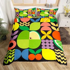 Conjuntos de cama Amarelo Limão Rei Rainha Capa de Edredão Dos Desenhos Animados Frutas Aquarela Conjunto de Cama Colorido Cereja Folhas Geometria Poliéster Quilt Cover