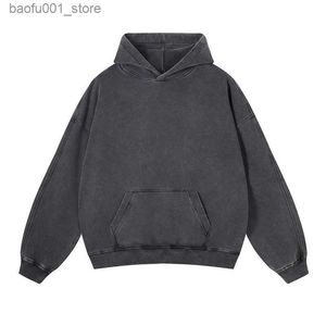 Men's Hoodies Sweatshirts Fashion Street Vintage Gothic High Grammage 450 grams Unisex Acid Wash Pullover Hooded Sweatshirt Y2k Solid Color Clothing Q240217