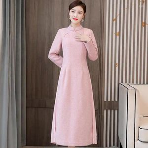 Casual Dresses 2024 Autumn and Winter Chinese Style Retro Förbättrad Qipao Women's Fashion Elegant förtjockad ullklänning Spliced ​​Vestidos