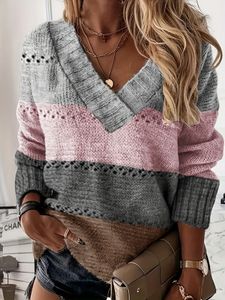 Plus Size Casual Sweater Women's Colorblock Long Sleeve V Neck High Stretch JumperAutumn Winter 240129