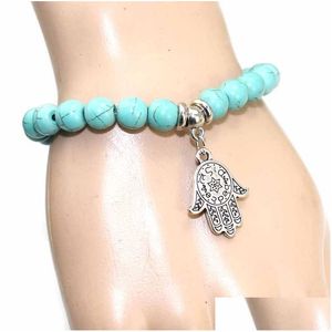 Charm armband ny ankomst 8mm turkos pärla hamsa hand charm armband turkiska etniska reliner smycken kvinnor usa yoga droppe dhgarden dhya7