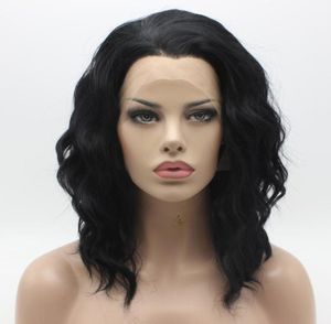 Iwona Hair Natural Fave Średnia długa odrzutowa czarna peruka 171 Pół ręcznie związana ciepło odporna na syntetyczną koronkę przednią Wig4130680