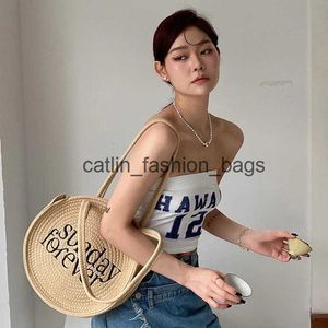 Shoulder Bags 2022 new Korean version of the niche ins net red shoulder bag round letter straw handmade cotton rope wovenH24217