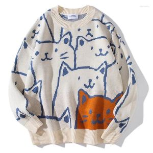 Herrtröjor japanska harajuku kawaii tecknad katt stickad tröja män kvinnor vintage höst överdimensionerad lös pullover y2k koreanska par toppar