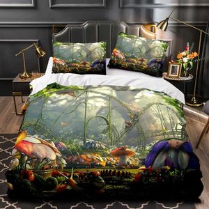 Bettwäsche-Sets, Pilz-Feenwald-Bettbezug, magischer Lilliputian-Cartoon-Pilz-Pflanzen-Bettbezug, Fantasy-Garten, Polyester-Bettbezug