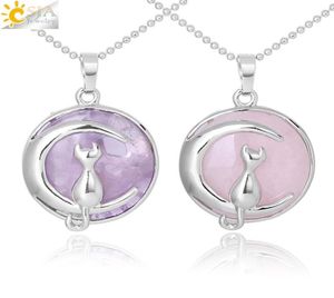 CSJA Neue Ankunft Frauen Halskette Katze auf Mond Natürlichen Edelstein Rosenquarz Kristall Suspension Anhänger Hardshell Kätzchen Charms Jewell3548186