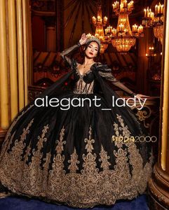 Glitzernde schwarze Gothic-Prinzessin-Quinceanera-Kleider mit Cape, schulterfreiem Boning-Korsett, Abendkleid für 15 Quinceaneras 2024, Abschlussball