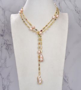 GuaiGuai Jewelry Cultured Pink Keshi Pearl Mixed Color Rectangle Cz Pave Long Chain Necklace Handmade For Women Real Gems Stone La4114463