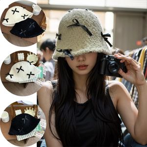 Japanese Sweet Cute Bow Knot Granular Plush Design Fisherman Hat Girls Korean Version Versatile Bucket Hats Women Autumn Winter 240126