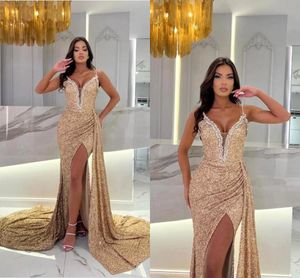 Sexy Gold Split Evening Dresses Spaghetti Straps Beads Sequins Mermaid Prom Party Gowns Arabic Robes Deep V Neck BC18169