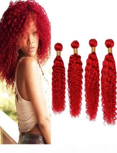 Birght Red Brazilian Deep Wave Weaves Human Hair Bundles Red Color Virgin Hair Extensions Pure Red Deep Wave Curly Human Hair 4Bun7987060