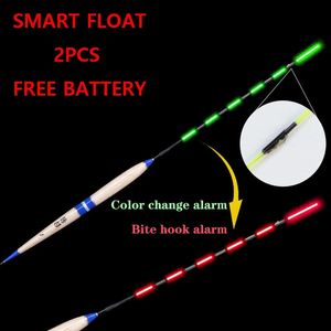 Verão pesca inteligente led float 2 pçs mordida alarme peixe luz cor automática noite eletrônico mudando bóia com bateria cr425 240119