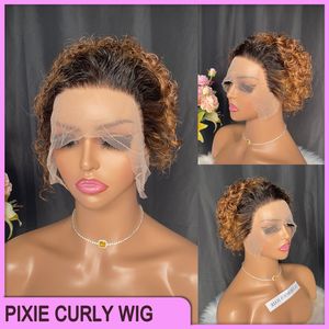 Malaysiska peruanska indiska brasilianska 1B30 100% Raw Virgin Remy Human Hair Deep Wave Pixie Curly Cut 13x1 Kort peruk
