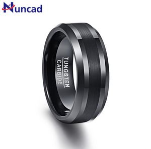 Bütün 8mm tungsten karbür yüzüğü siyah düğün nişan grubu fırçalanmış merkez Men039s halka eğimli kenar konforu uygun boyut 713125955