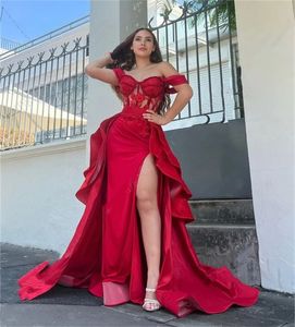 Sexy Side Split Mermaid Prom Dresses Crystal Beaded Off The Shoulder Long Formal Evening Gowns For Women Illusion Corset Red Satin Special Occasion Dress 2024