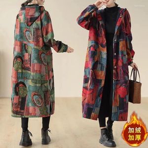 Kvinnors dike rockar mammas bomullsjacka med plysch och förtjockad 2024 Autumn Winter Long Loose Printed Hooded Windbreaker Fleece Coat Z4140