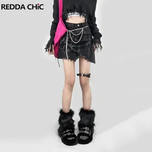 Skirts REDDACHiC Goth Bandage Black Denim Skirt With Metal Wasit Chain Belt Mini Short Jeans Bottoms Harajuku Grunge Y2k Acubi Fashion