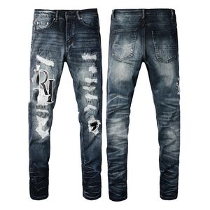 Tasarımcı Mens Jeans Mor Kot pantolon Yüksek Sokak Deliği Yıldız Yama Erkekler AM Yıldız Nakış Kotu Kot Streting Slim Fit Pantolon Gerçek Kot 25057