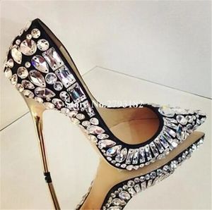 Kobiety luksusowy spiczasty palec bling rhinestone sztylet pięta Czarne białe kryształowe obcasy buty ślubne