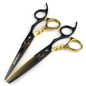 6.0 polegada pintura preto parafusos de rolamento plana corte tesoura cabelo em linha reta dentes tesoura pequeno tigre dourado 231225