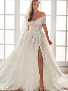 Princess Off The Shoulder Wedding Dresses Pleat A Line Short Sleeve Bridal Gowns with Split Lace Appliques Tulle Bridal Gown Vestido