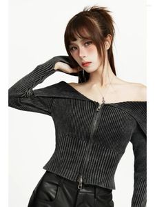 Kvinnors tröjor Black Cut-Out Off-Shoulder Double Zipper Sweater Spring and Autumn Slim Short Long Sleeve Bottoming Top 1PC