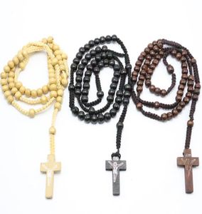 New Fashion Catholic Christ Wooden 8mm Rosary Bead Pendant Woven Rope Necklace ps04951034852