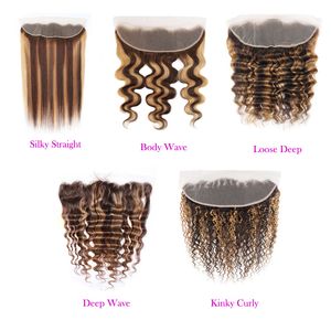 Peruwiańskie malezyjskie indyjskie 100% ludzkie włosy P4/27 prosta fala głębokie Kinky Curly Piano Color 13x4 Lace Frontal Free Part 10-26 cal Zamknięcia górne