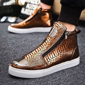 Couro brilhante dourado sapatos de skate homem antiderrapante resistência ao desgaste dos homens tênis planos deslizamento-em alta superior tênis masculino 240119