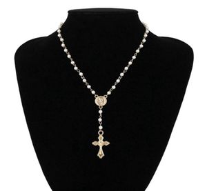 Katholische Rosenkranz-Perlen-Halskette für Damen, Statement-religiöser Schmuck, Gold-Lin-Kette, mehrschichtige Halskette mit Ranken-Anhänger