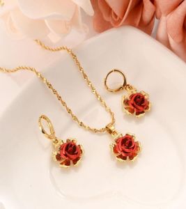 18 K Fine Gold Leaf Red Flower Brightcoloured Women Biżuteria Zestawy biżuterii Europa Prezent Ślubny Dubai Pendnat Kolczyki DIY Charms5991473