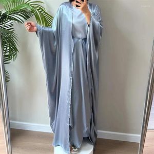 Roupas étnicas Ramadan Aberto Cetim Muçulmano Kimono Abaya para Mulheres Kaftans Robe Femme Musulmane Cardigan Vestido Islam Turquia Roupas de Oração