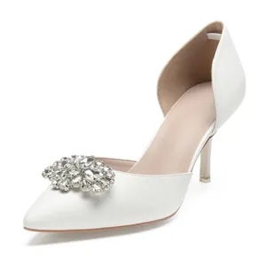 Dress Shoes Ivory Color Matte PU Lady Pointed Toe D'orsay High Heels With Insect Shape Crystal Brooch Party Prom Pumps