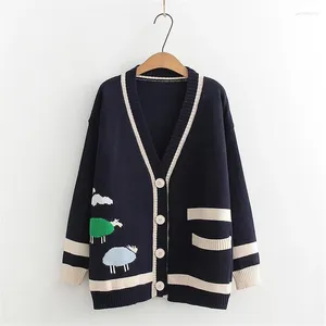 Kvinnors stickor 2024 Autumn Winter Loose Medium Längd Pocket Fashion Animal Mönster Tröja Cardigan Coat Sticked Top