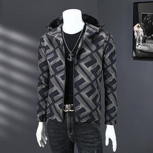 Herren-Trenchjacke mit Kapuze und Reißverschluss, Herren-Designerjacke, frühlingsbedruckte, übergroße Herrenjacke