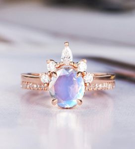 Moonstone Engagement Ring Rose Gold 925 Silver Eternity Bridal Set Antique Curved Half Halo CZ Stone Band Wedding Jewelry4641549