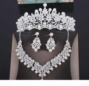 Högkvalitativ bröllopskrona Brudhuvud Pearl Tiara smycken Kvinnor Hårtillbehör Set Silver Headpiece Big Pageant Crown J193092163