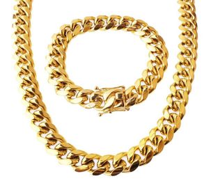 Set di gioielli in acciaio inossidabile placcato oro 24K di alta qualità Collana a maglia cubana Bracciale da uomo Catena barbazzale 14 cm 85quot22quot24542395