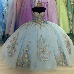 Sky Blue Quinceanera klänning mexikansk vestidos de 15 Applique spets tull prinsessa söt 16 födelsedag xv bollklänning Askepott tjejklänning