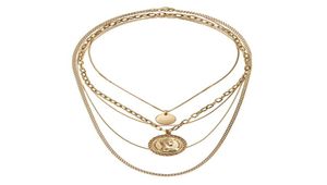 Rongho New design Multi layers Metal Human head chokers necklace Gold coin circle pendant necklace Vintage chains necklace9649112