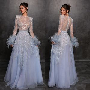 Elegant Blue Evening Dresses Illusion Sleeves Party Prom Sequins Feathers Cuff Formal Long Red Carpet Dress For Special Ocn